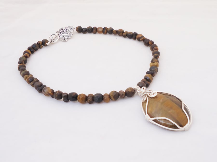 Tiger Eye Necklace With Wire Wrapped Pendant, Wire Wrapped Necklace,Gemstone