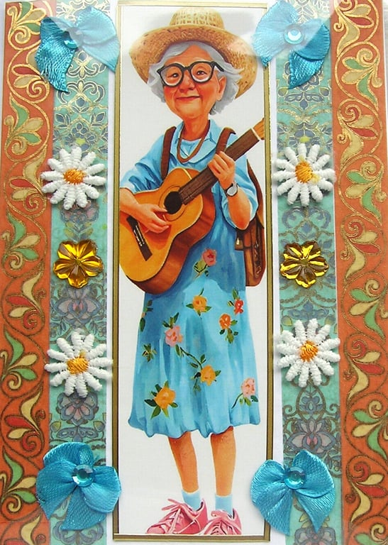 Rock Chick Grandma - Hand Crafted 3D Decoupage Greeting Card - Blank - 3297