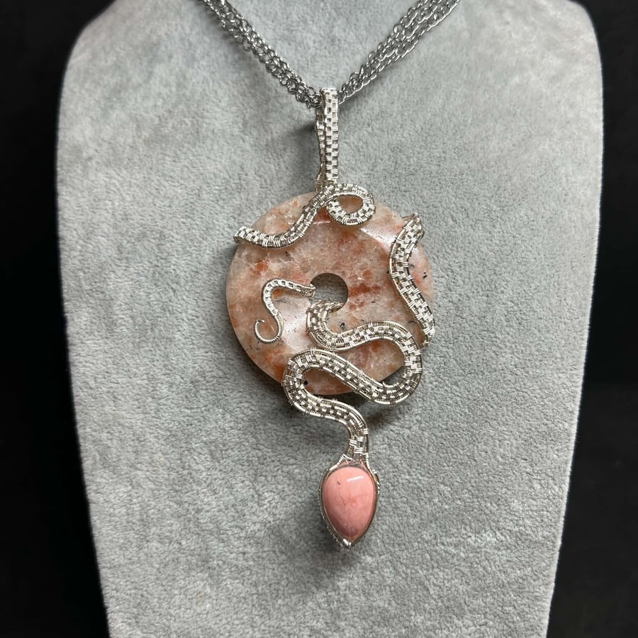 Sunstone Wire Wrapped Snake Pendant with Pink Opal