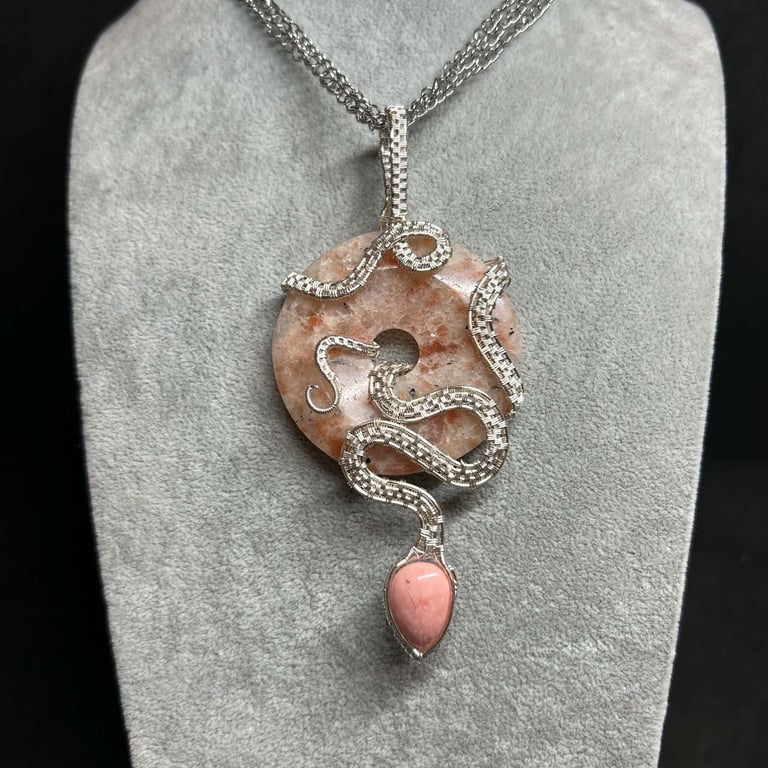 Sunstone Wire Wrapped Snake Pendant with Pink Opal