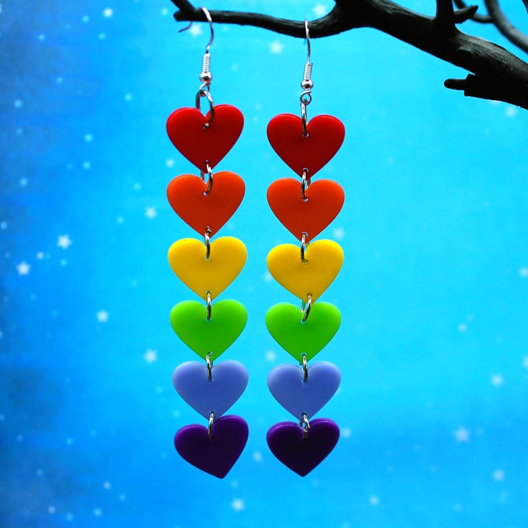 Rainbow Heart Earrings – Bold Dangle Jewellery – Colourful Statement Gift
