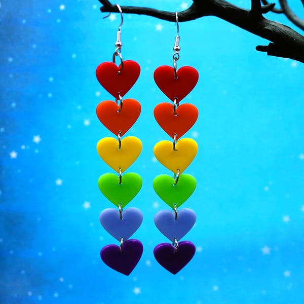 Rainbow Heart Earrings – Bold Dangle Jewellery – Colourful Statement Gift