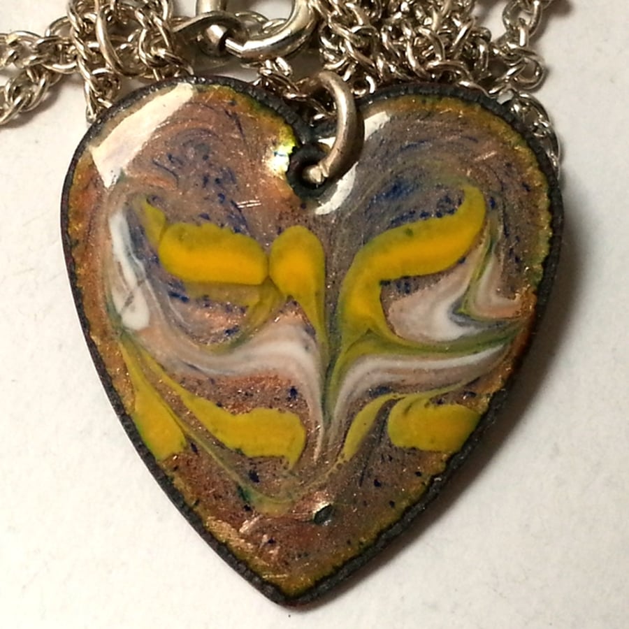 pendant - heart scrolled yellow, white and blue over clear enamel