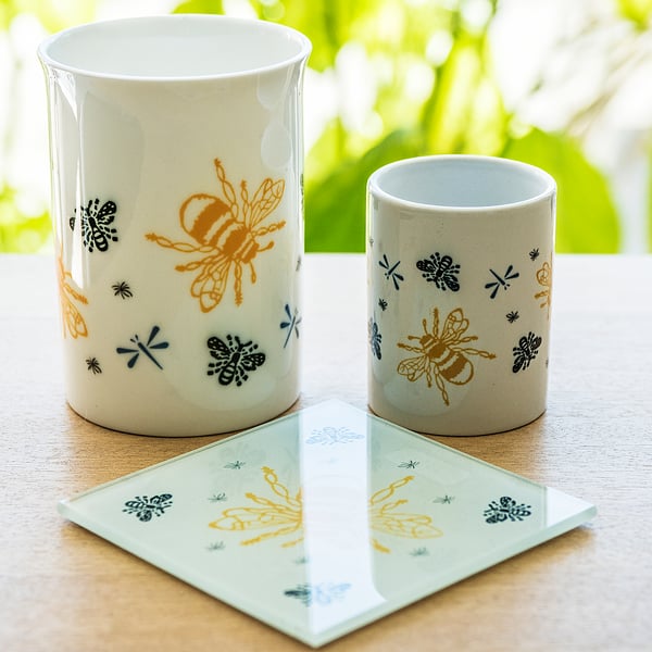 Fine Bone china bees coffee mug cup ceramic espresso mug cup matching coaster