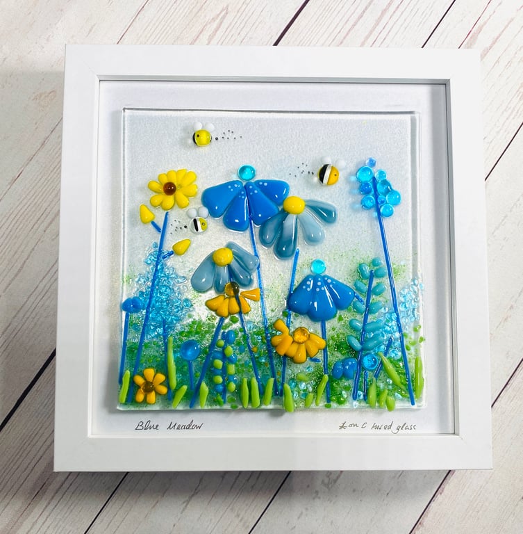 Blue fused glass floral “meadows” picture