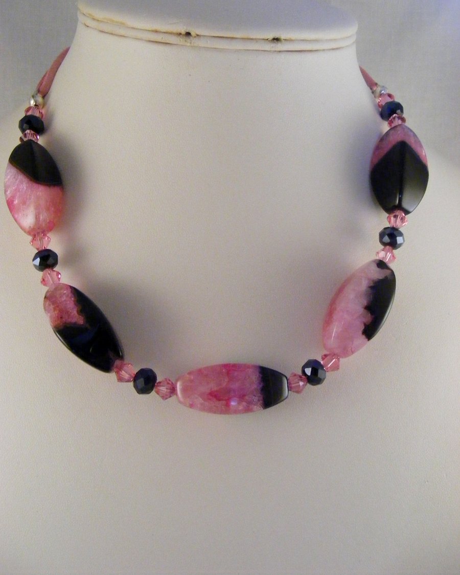 Black Agate with Pink Quartz Gemstone Necklace