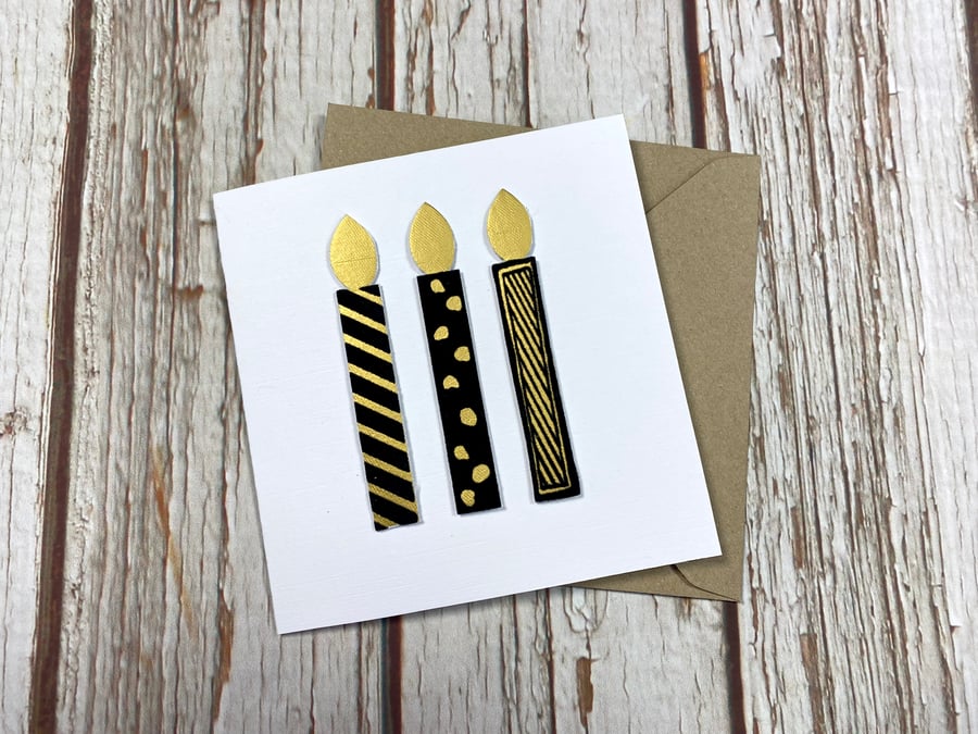 Personalised Candles Birthday Card. Handmade Greetings Card Gold & Black