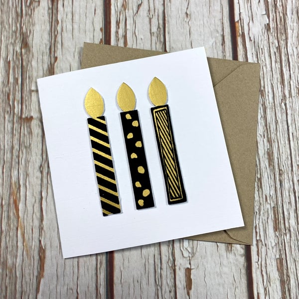 Personalised Candles Birthday Card. Handmade Greetings Card Gold & Black