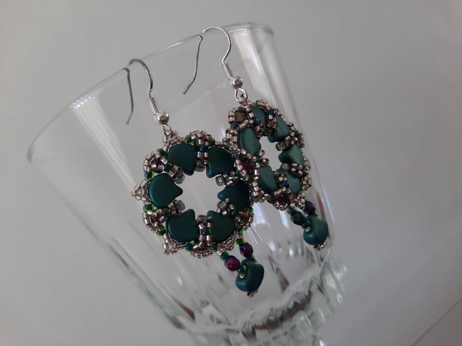 Metallic Green and Silver Beadwork Earrings