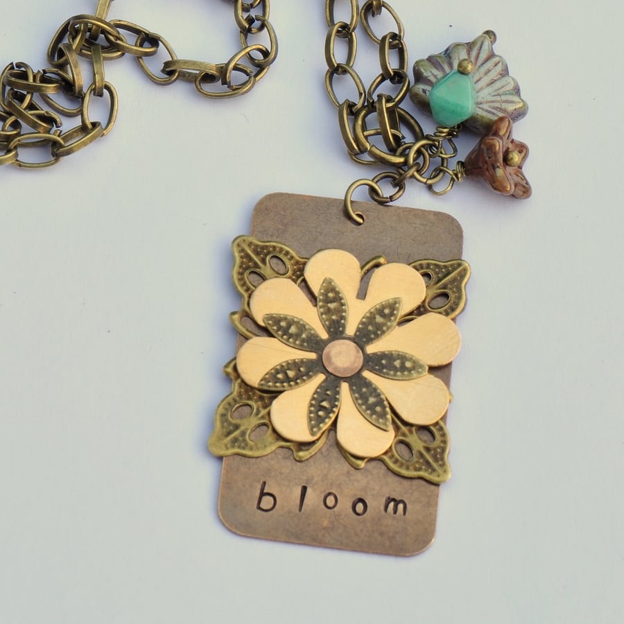 Bloom Vintaj Metal Handstamped Pendant with Czech Beads
