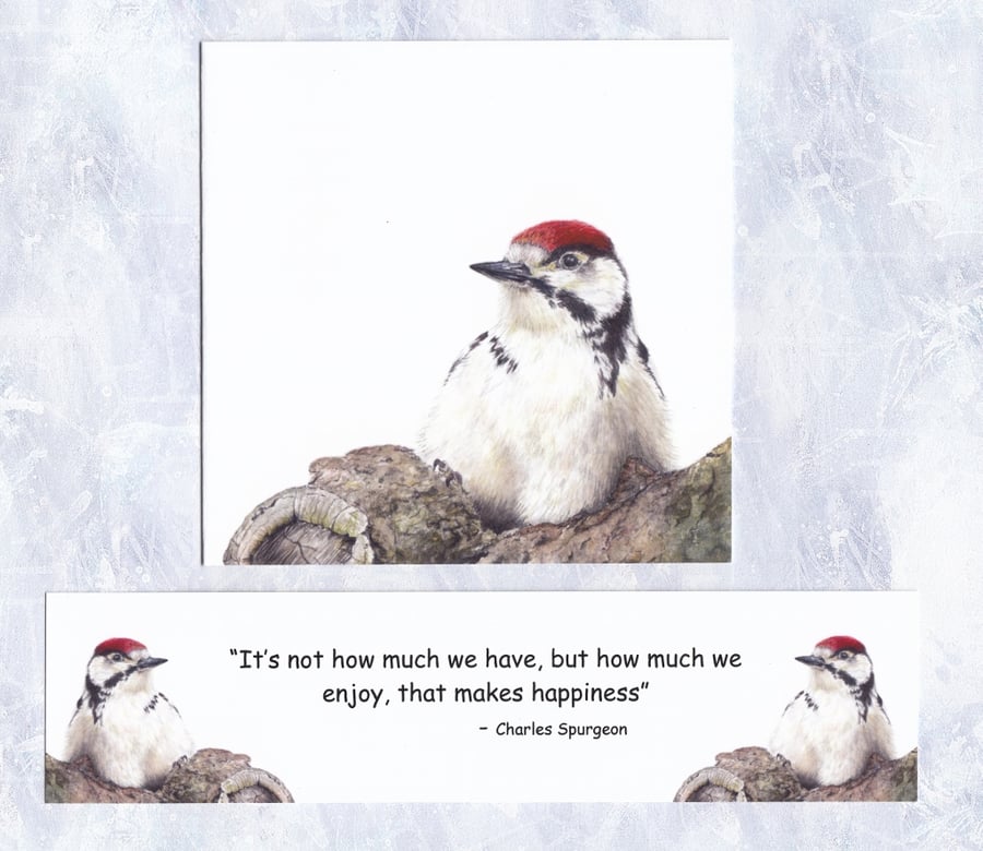 Garden Bird Card, Realistic Woodpecker Birthday Card and Inspirational Bookmark