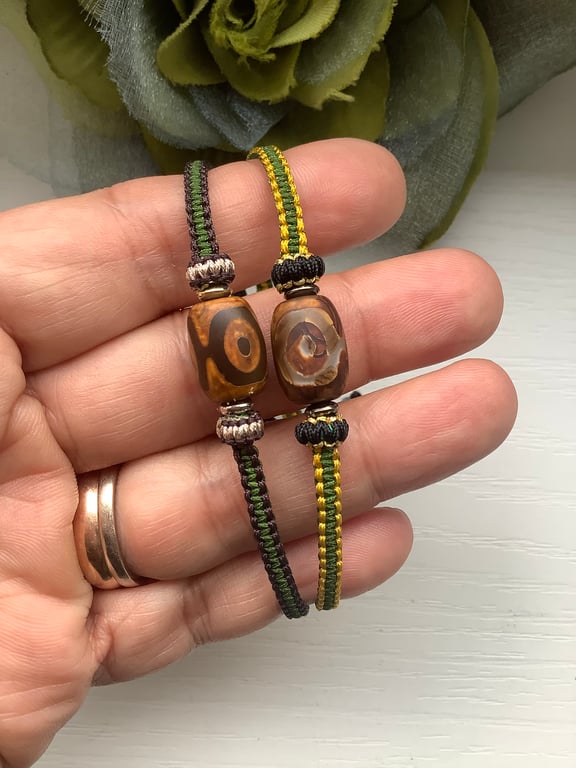 Pair of natural Tibetan Dzi Agate men's bracelets