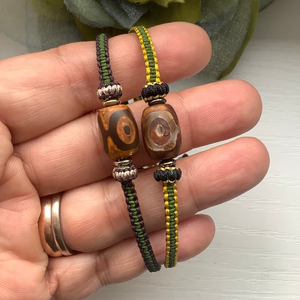 Pair of natural Tibetan Dzi Agate men's bracelets