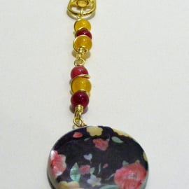 Red and Yellow Jade and Mother of Pearl Flower Coin Bag or Key Charm