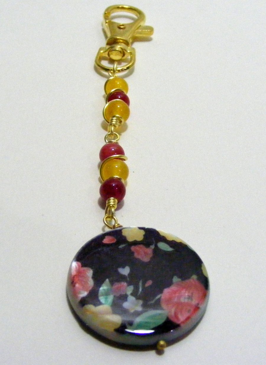 Red and Yellow Jade and Mother of Pearl Flower Coin Bag or Key Charm