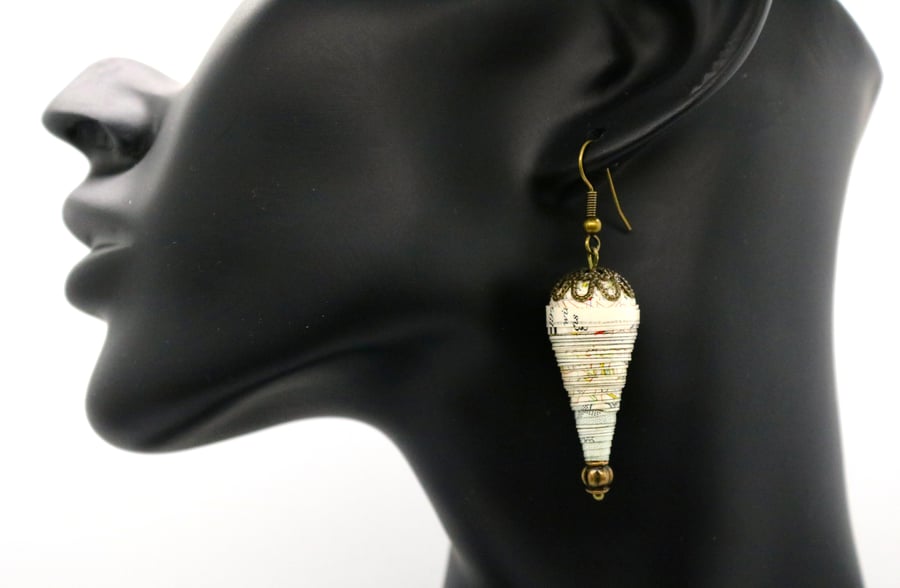 Paper beaded cone earrings with bronze findings made of a 1952 OS map of Chester