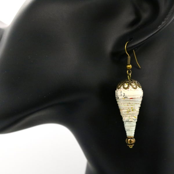 Paper beaded cone earrings with bronze findings made of a 1952 OS map of Chester