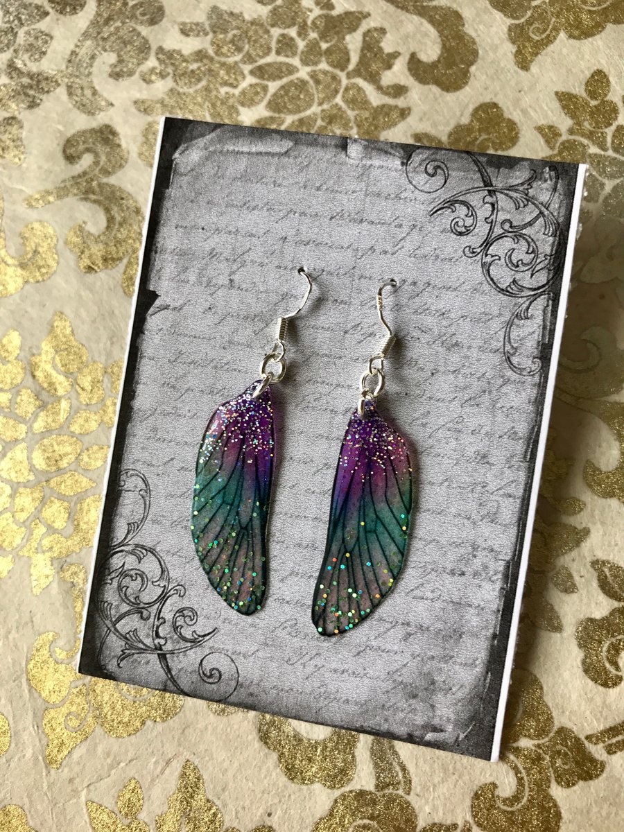 Sparkling Purple and Green Glitter Sterling Silver Fairy Wing Earrings