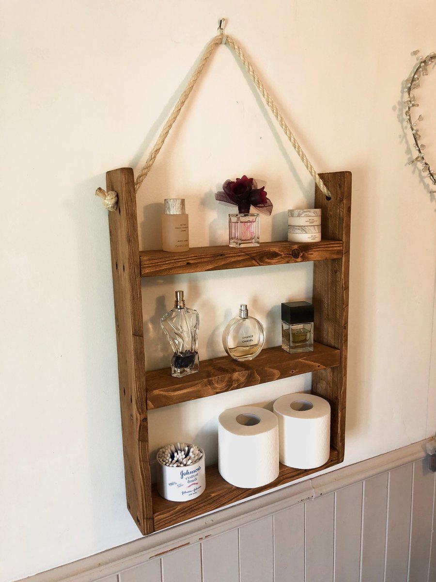 Rustic Hanging Ladder Shelf With Rope - Wall Mounted - Handmade