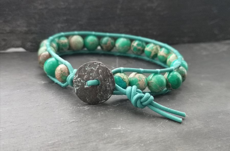 SALE Teal Jasper semi-precious bead and leather bracelet with button fastener 