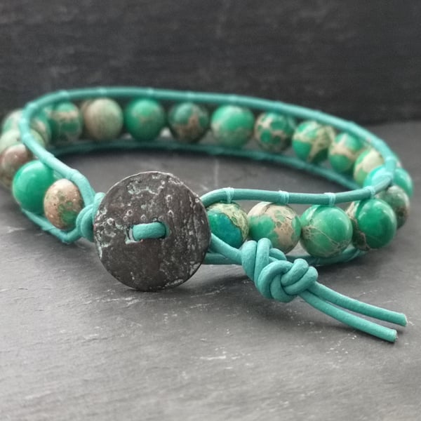 SALE Teal Jasper semi-precious bead and leather bracelet with button fastener 