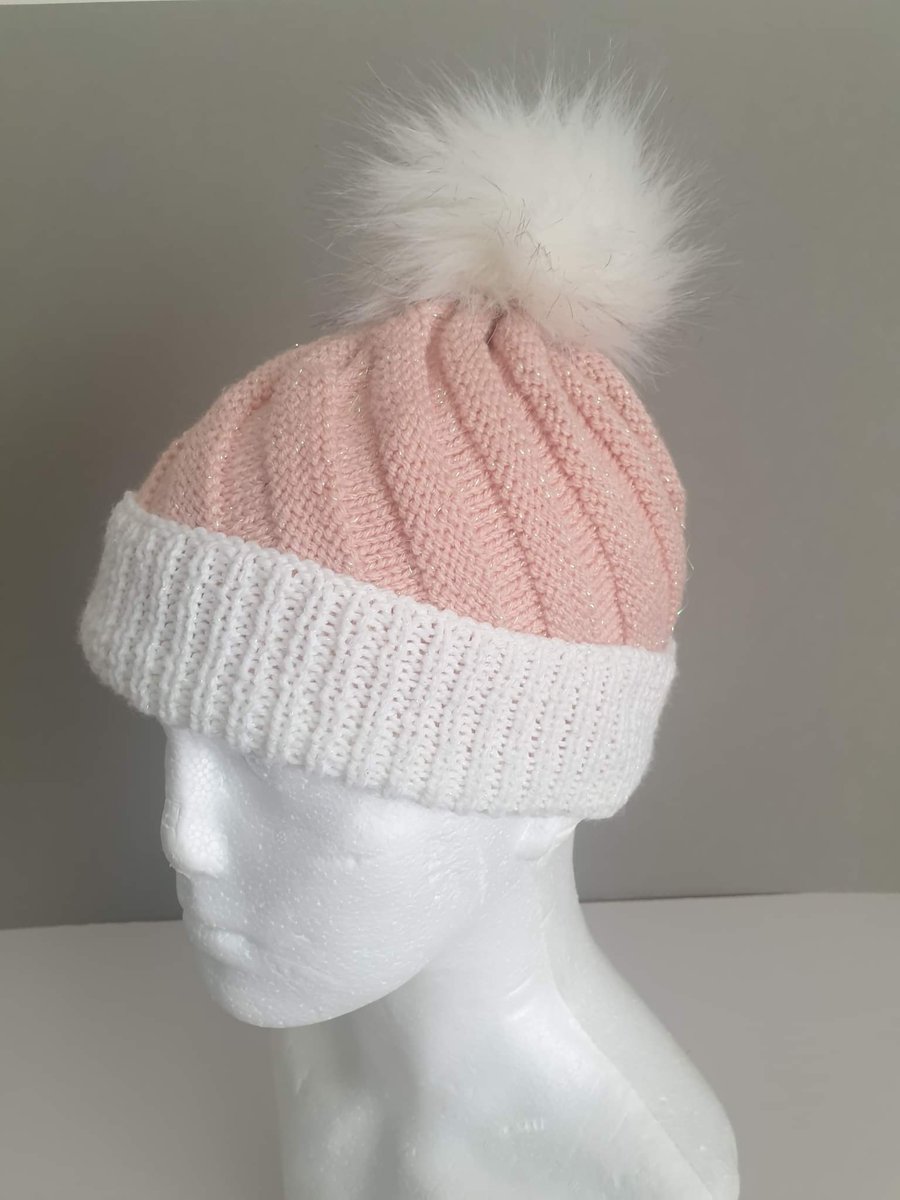 Pink and White Swirl Ice Cream Winter Bobble Beanie Hat