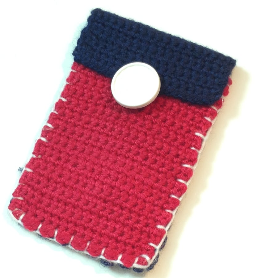 iPhone case - Red, white and navy blue crocheted sleeve with flap