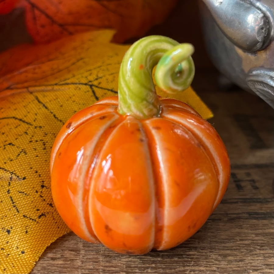 Orange Small standing ceramic pumpkin decoration 
