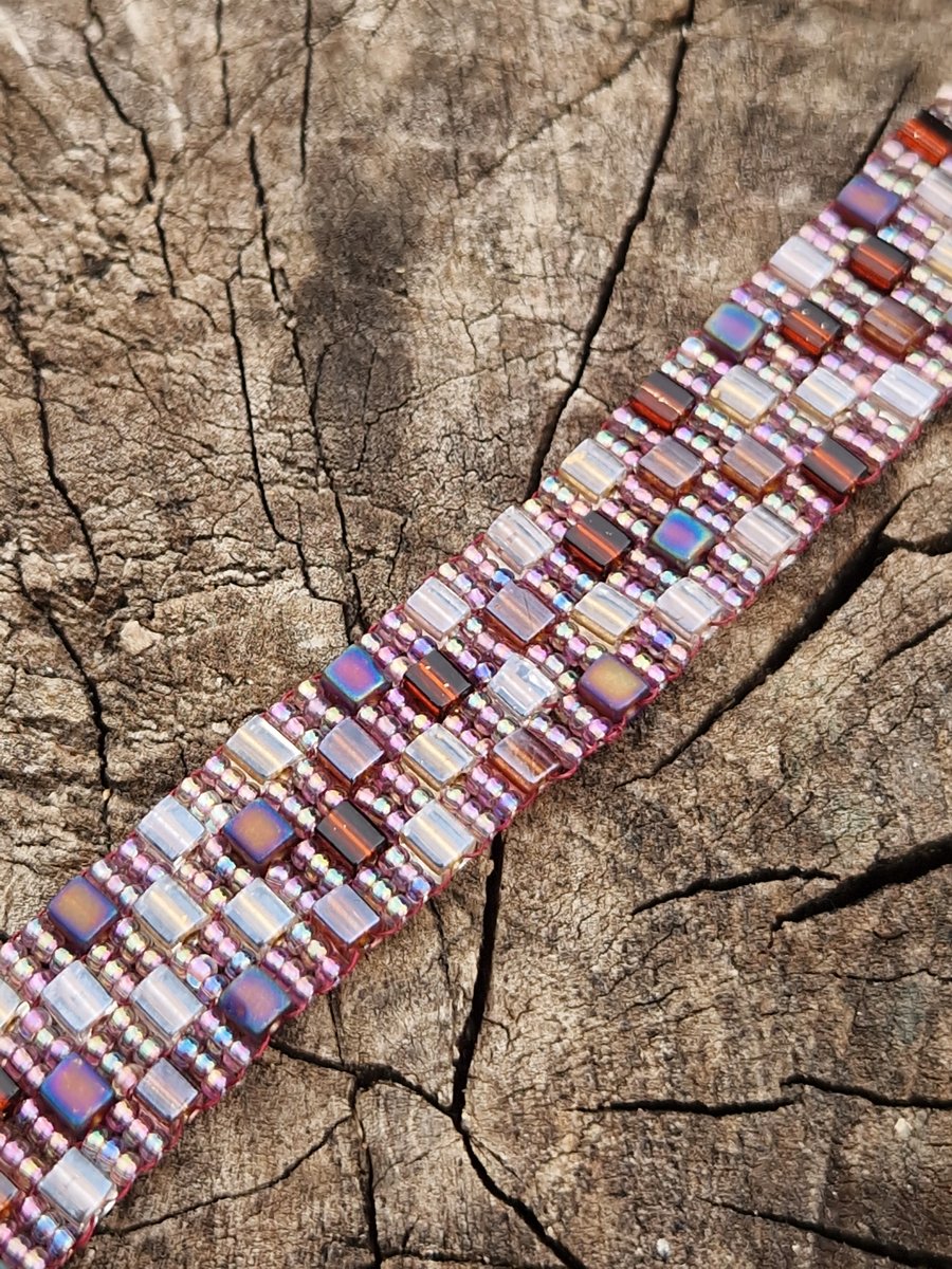 Soft browns and shimmering pinks bead and cube adjustable bracelet 