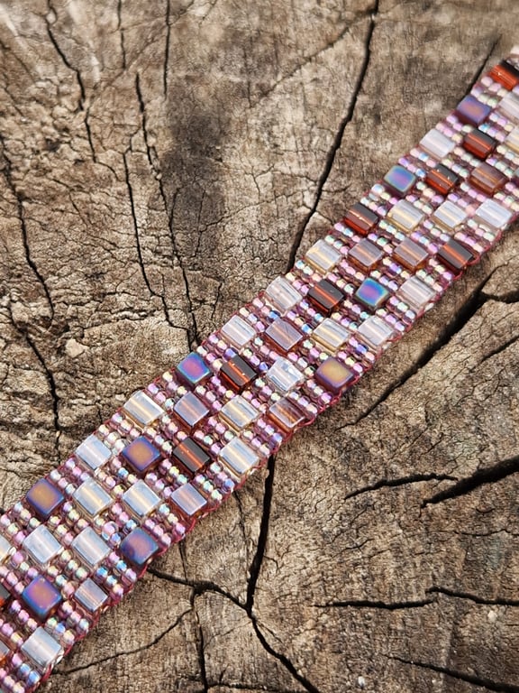 Soft browns and shimmering pinks bead and cube adjustable bracelet 