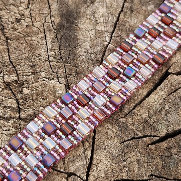 Soft browns and shimmering pinks bead and cube adjustable bracelet 