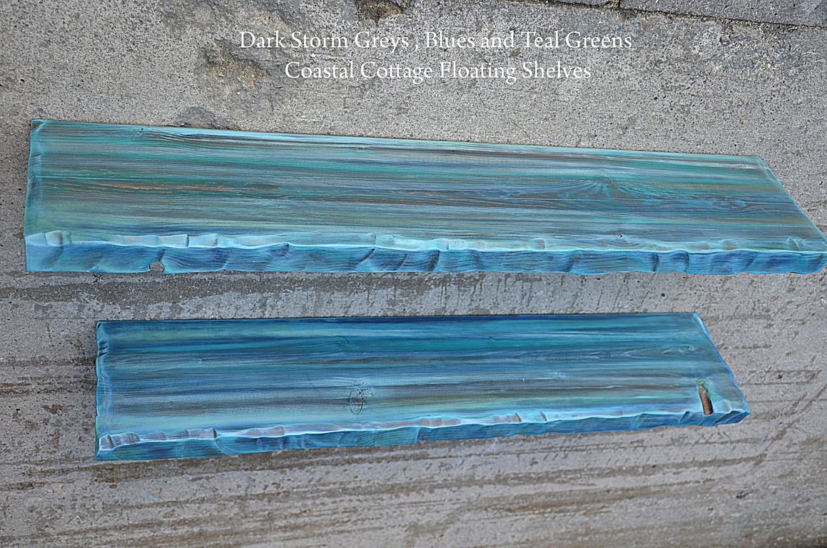 Handmade 3ft Coastal Cottage Floating Shelf: Sea Breeze Blues, Decorative Edges
