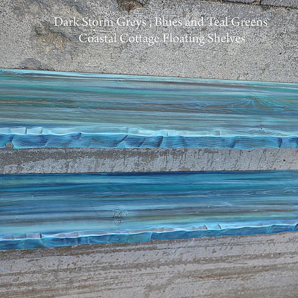 Handmade 3ft Coastal Cottage Floating Shelf: Sea Breeze Blues, Decorative Edges
