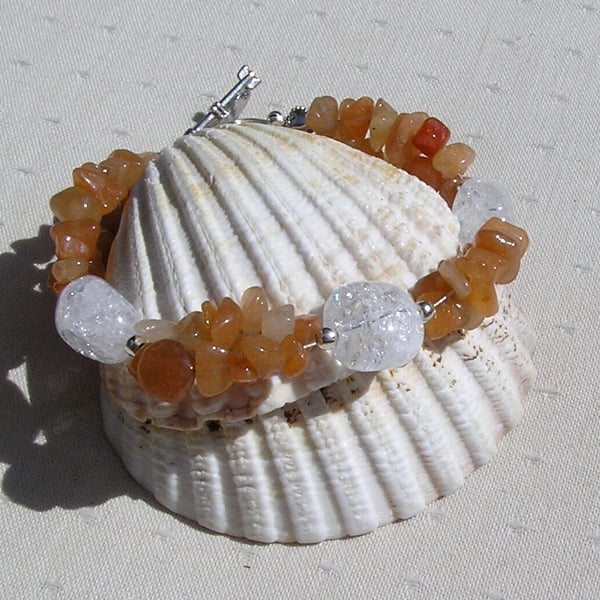 Aventurine & Crackled Clear Quartz Crystal Gemstone Bracelet "Zinnia Dew"