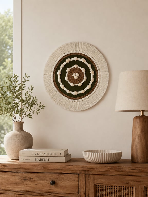 "Ubusika 3" Olive Green, White & Jute Macrame Wall, Shelf & Console Table Decor 