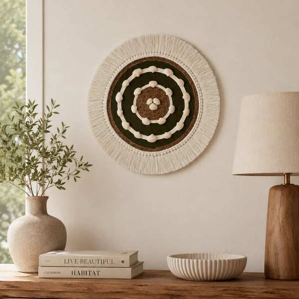 "Ubusika 3" Olive Green, White & Jute Macrame Wall, Shelf & Console Table Decor 