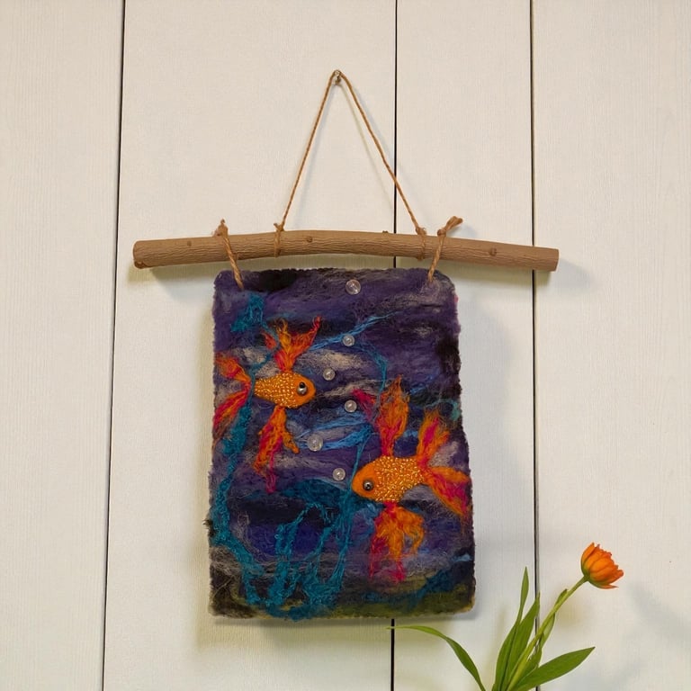 Handmade goldfish felt wall hanging 