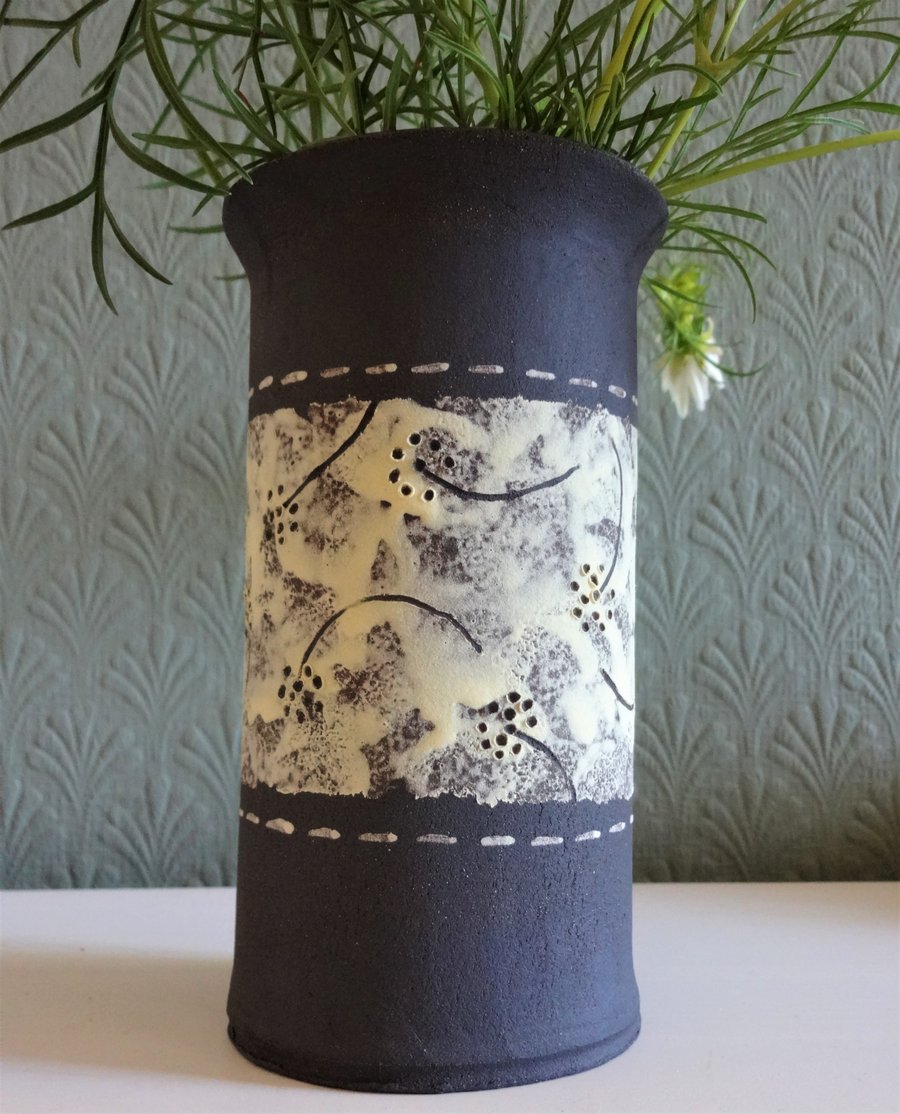 Flower vase, handmade ceramic bud vase, black pottery, seed motif, lemon yellow.