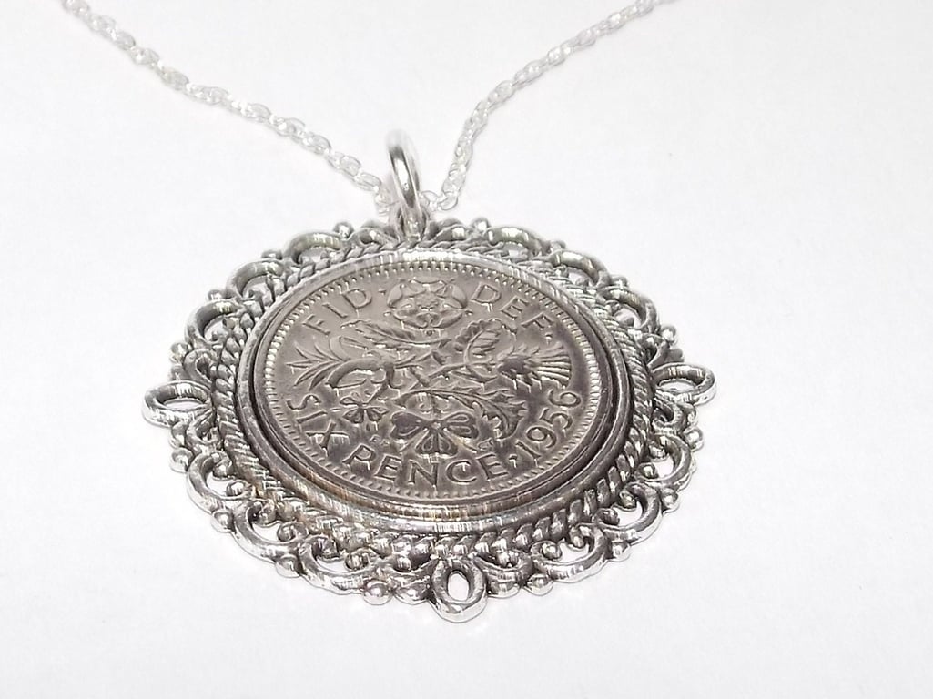 Fancy Pendant 1956 Lucky sixpence 70th Birthday plus Sterling Silver 18in Chain