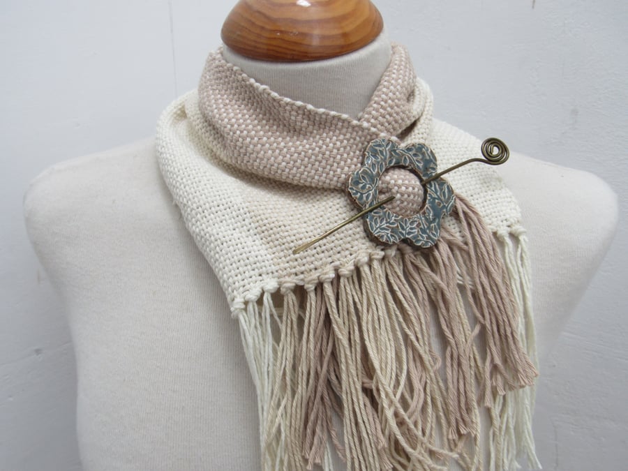 Light Brown Handwoven Scrap Scarflette, Cowl