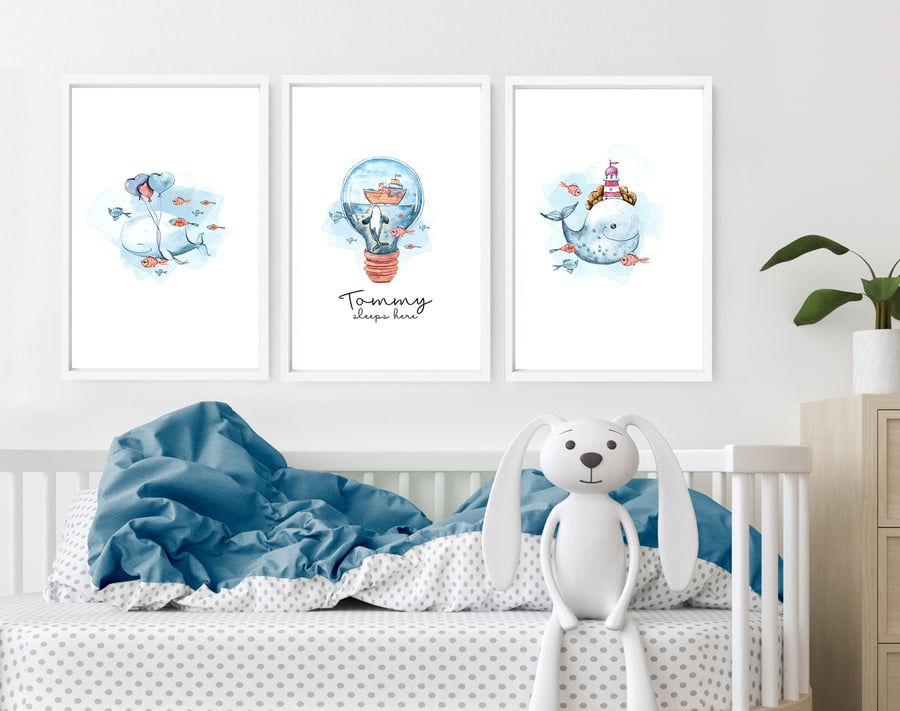 Under the sea nursery decor for baby boys, Set of 3 custom name Ocean art prints
