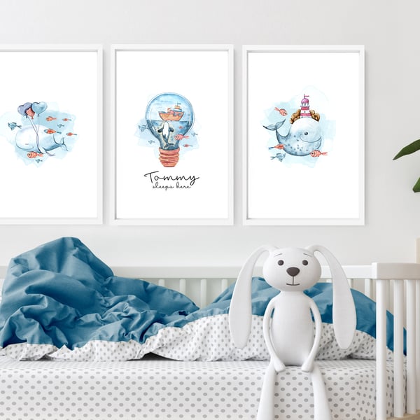 Under the sea nursery decor for baby boys, Set of 3 custom name Ocean art prints