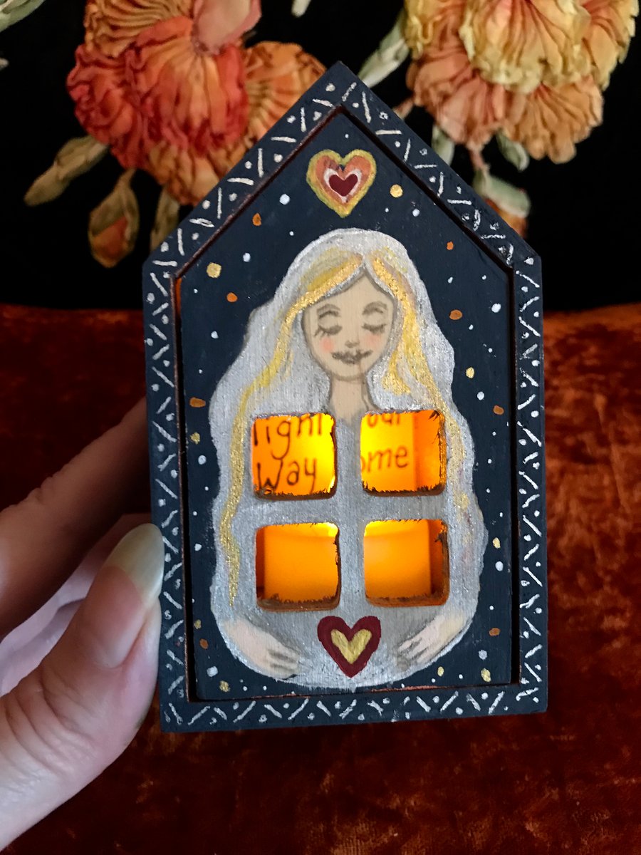Painted wooden house box with nightlight "Love will light your way home"