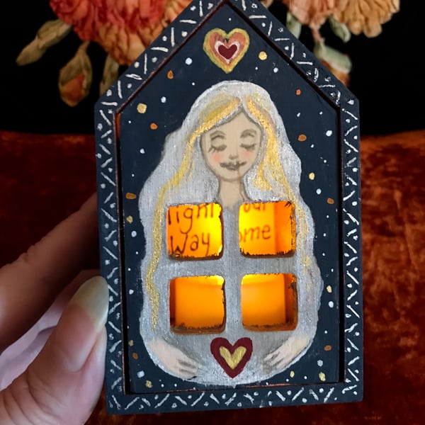Painted wooden house box with nightlight "Love will light your way home"