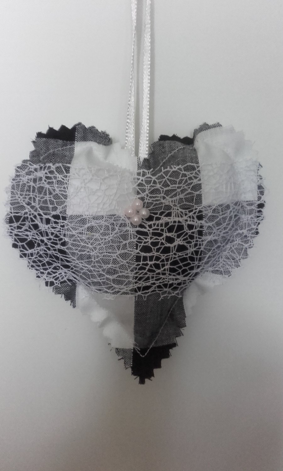 shabby chic hearts, Black & white with beads, denim with white ribbon flowers