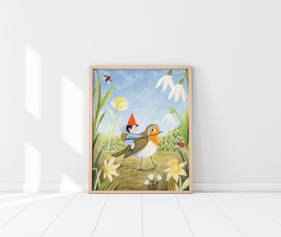 Robin Bird Print - Garden illustration - Childrens Wall Art - A4 art print