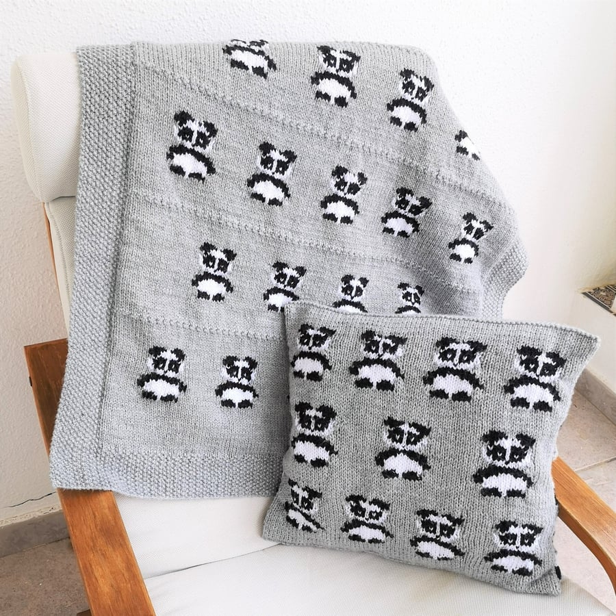 Knitting Pattern for Panda Cushion and Blanket.  Digital Pattern