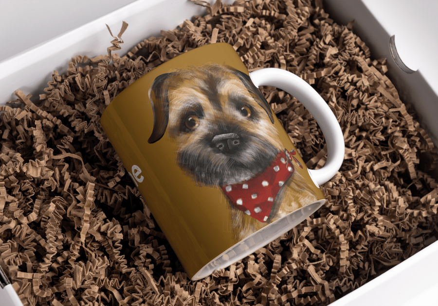 Mustard Border Terrier Mug with wrap around design 'Did someone say biscuit