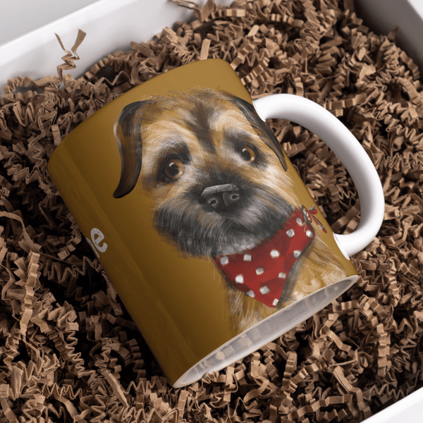 Mustard Border Terrier Mug with wrap around design 'Did someone say biscuit