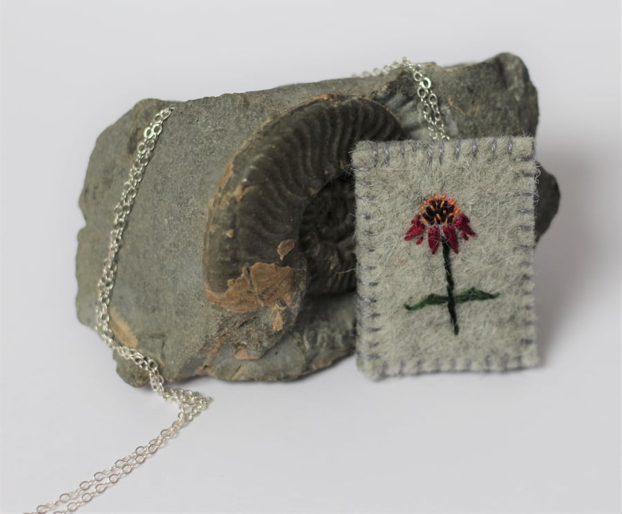 Echinacea Textile Pendant with Sterling Silver Chain